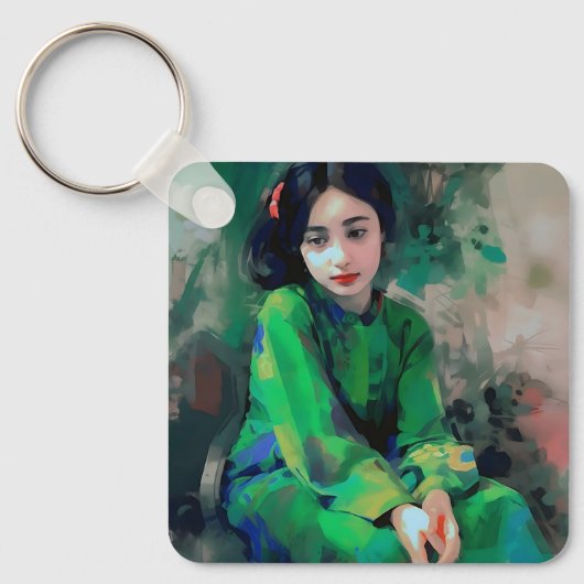 緑のドレスを着た少女 キーホルダー (正面)