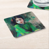 緑のドレスを着た少女 スクエアペーパーコースター (アングル)