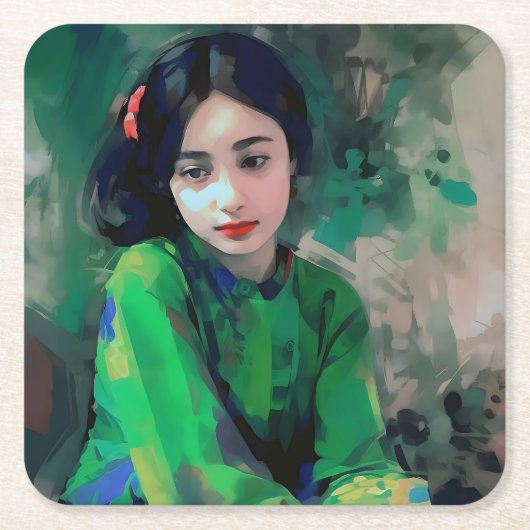 緑のドレスを着た少女 スクエアペーパーコースター (正面)