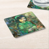 緑のドレスを着た少女 スクエアペーパーコースター (アングル)