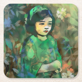 緑のドレスを着た少女 スクエアペーパーコースター