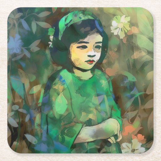 緑のドレスを着た少女 スクエアペーパーコースター (正面)