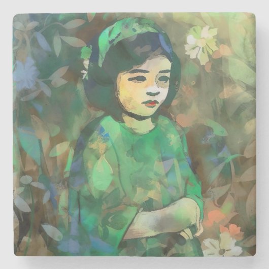 緑のドレスを着た少女 ストーンコースター (正面)