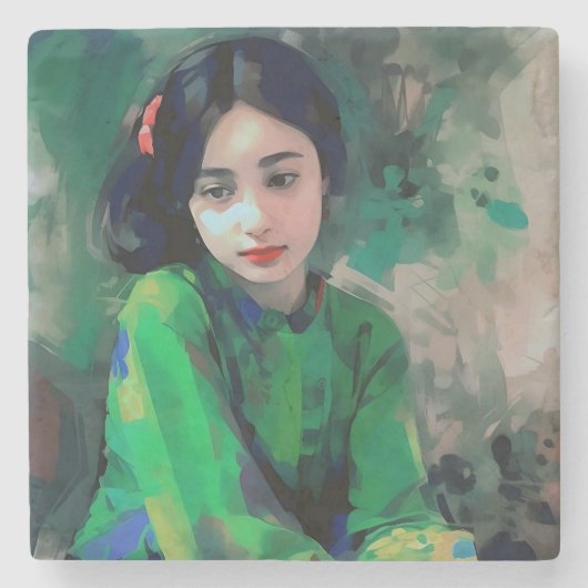 緑のドレスを着た少女 ストーンコースター (正面)