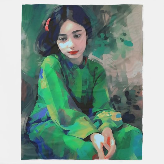 緑のドレスを着た少女 フリースブランケット (正面)