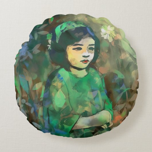 緑のドレスを着た少女 ラウンドクッション (正面)