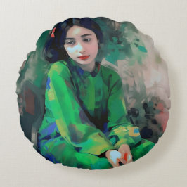 緑のドレスを着た少女 ラウンドクッション