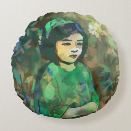 緑のドレスを着た少女 ラウンドクッション