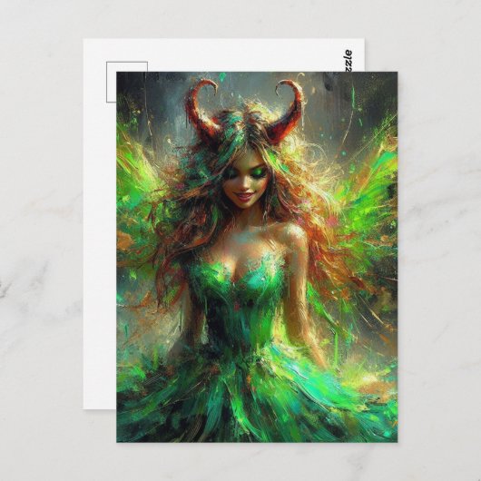 緑のドレスを着た角を持つ妖精 ポストカード (正面/裏面)