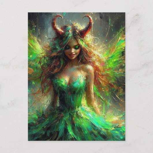 緑のドレスを着た角を持つ妖精 ポストカード (正面)