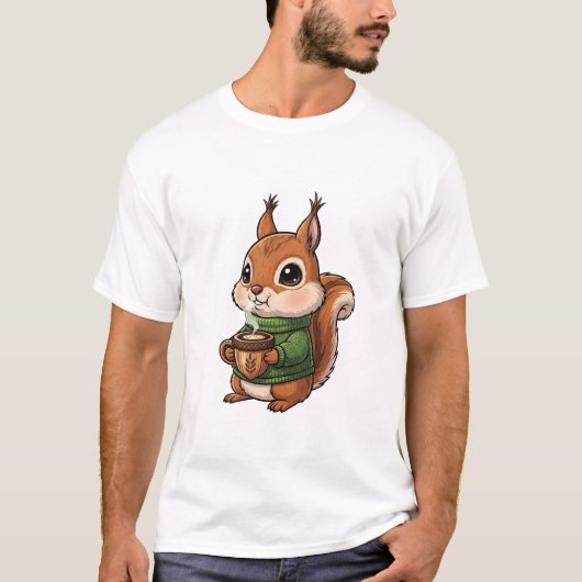 緑のニットセーターを着たかわいいリス Tシャツ (正面)