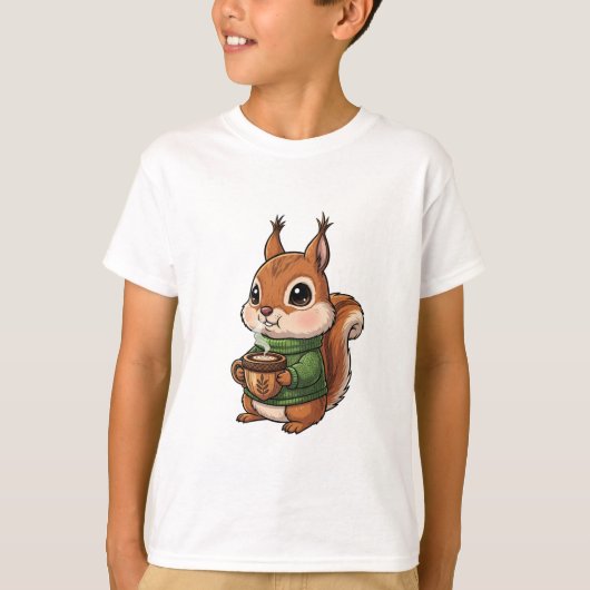 緑のニットセーターを着たかわいいリス Tシャツ (正面)