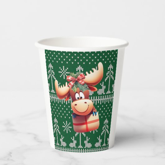 緑のニット模様の漫画ムース 紙コップ (正面)