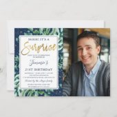 緑のネイビーブルー金ゴールドサプライズ誕生日写真 招待状 (正面)