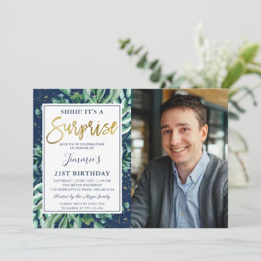 緑のネイビーブルー金ゴールドサプライズ誕生日写真 招待状 (スタンド正面)