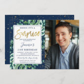 緑のネイビーブルー金ゴールドサプライズ誕生日写真 招待状 (正面/裏面)