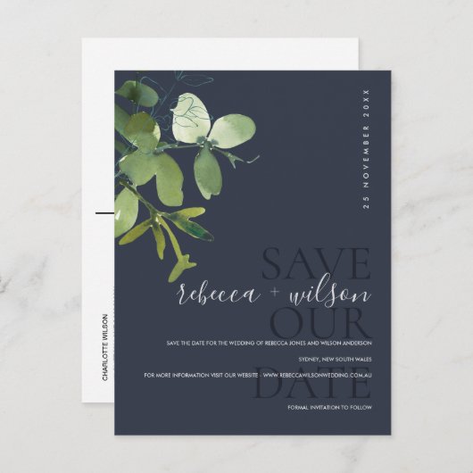 緑のネイビーユーカリ水の色は、日付を保存 案内ポストカード (正面/裏面)