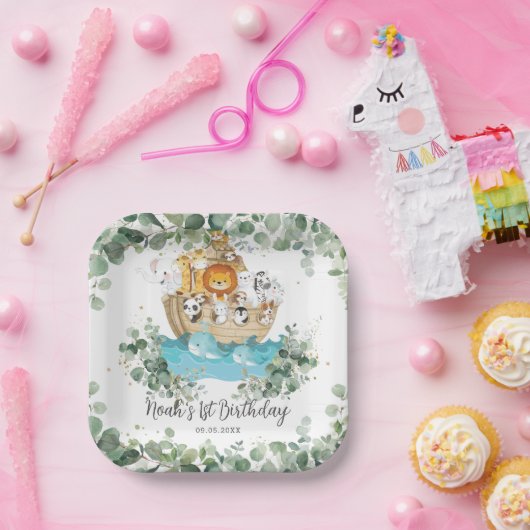 緑のノアの箱舟かわいい動物の誕生日バプテスマ ペーパープレート (パーティー)