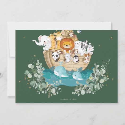 緑のノアの箱舟の誕生日パーティー写真 サンキューカード (裏面)