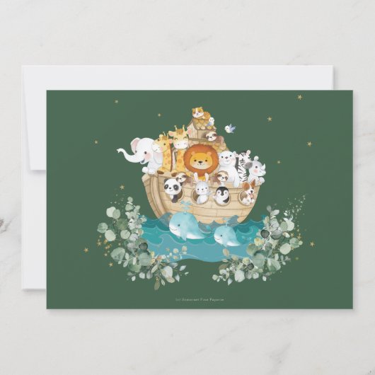緑のノアの箱舟の誕生日パーティー写真 招待状 (裏面)