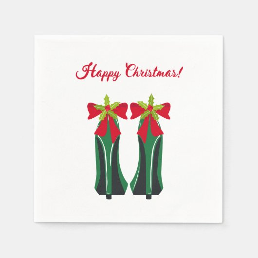 緑のハイヒールとクリスマスボウ スタンダードカクテルナプキン (正面)