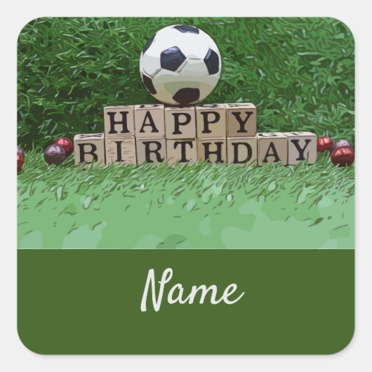緑のハッピーバースデーにボールを付けたサッカーパーティー スクエアシール (正面)