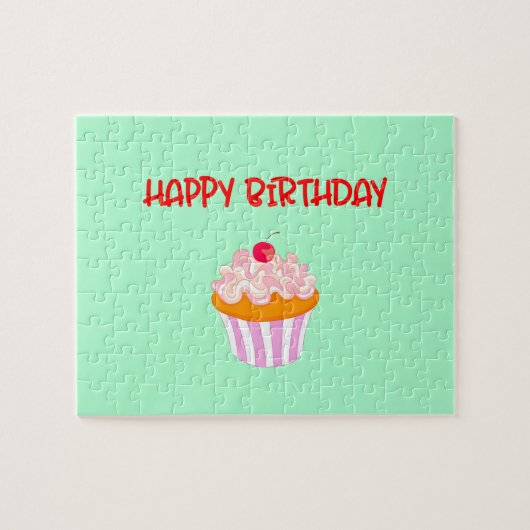 緑のハッピーバースデーのおいしいカップケーキ ジグソーパズル (横)