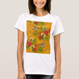 緑のハミングバードと熱帯性花束 Tシャツ