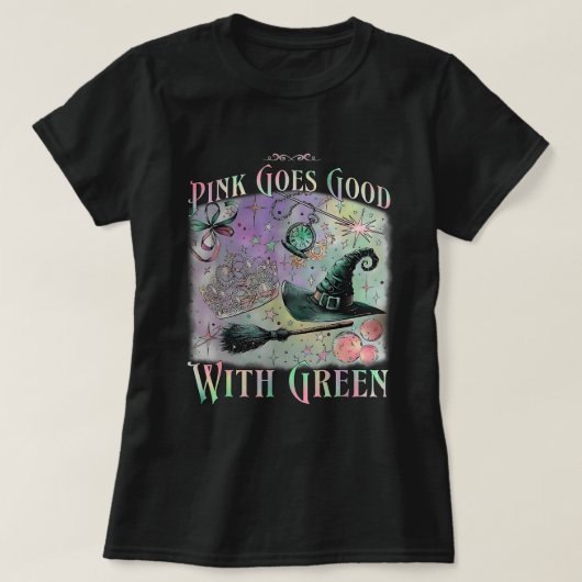 緑のハロウィーンの魔女とピンクが合う Tシャツ (デザイン正面)