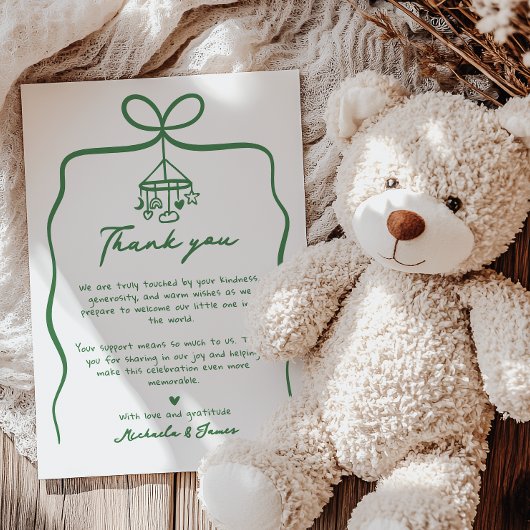 緑のハンドドロードドールボウお洒落ベビーシャワー サンキューカード