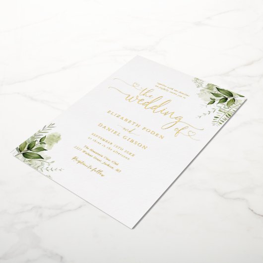 緑のハートスクリプト結婚書道の金ゴールド 箔招待状 (回転した状態)