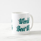 緑のハーフ文字のマグカップを持つ妻 コーヒーマグカップ (正面右)