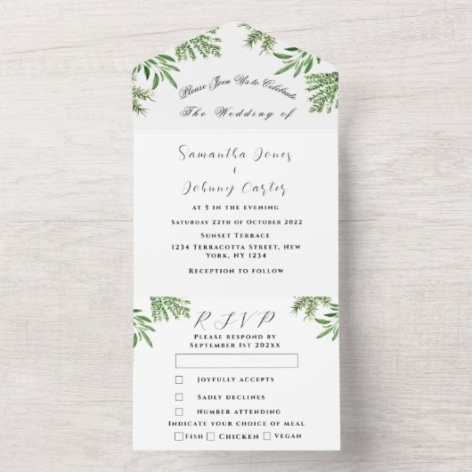 緑のハーブ水の色の緑のセージのタイム結婚ズ オールインワン招待状 (内側)