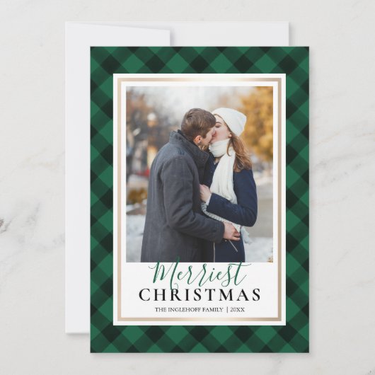 緑のバッファローのプレイドメリースクリスマスの写真 シーズンカード (正面)