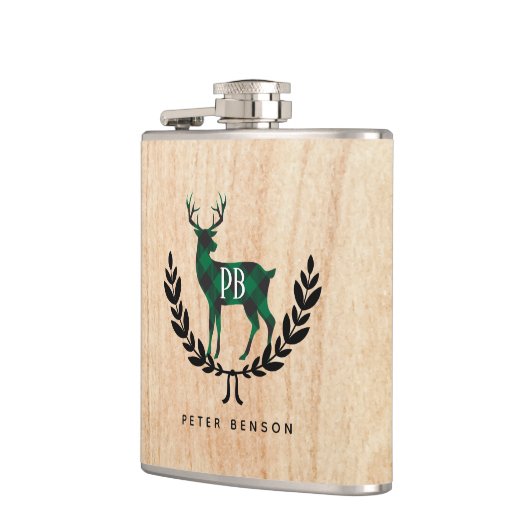 緑のバッファローの格子縞の雄鹿のモノグラム フラスク (左)