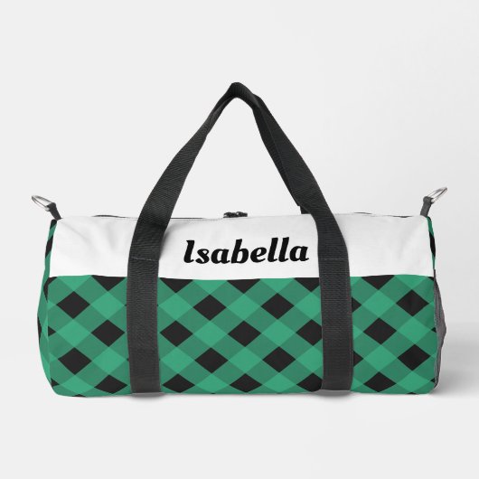 緑のバッファローチェックパターパーソナライズされたン ダッフルバッグ (正面)