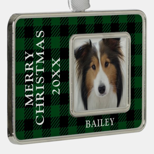 緑のバッファローチェック犬の写真パーソナライズされた シルバープレートフレームオーナメント (右)