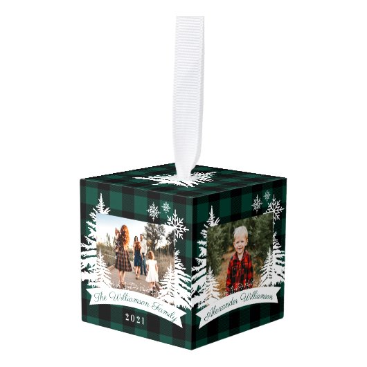 緑のバッファロープライド素朴松の木の家族の写真 キューブオーナメント (正面アングル)