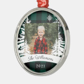 緑のバッファロープライ素朴ド松の木の家族写真 メタルオーナメント (左)