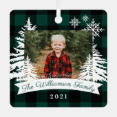 緑のバッファロープライ素朴ド松の木の家族写真 メタルオーナメント (正面)