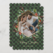 緑のバッファロープレイド写真クリスマスカード 花環 シーズンカード (正面/裏面)