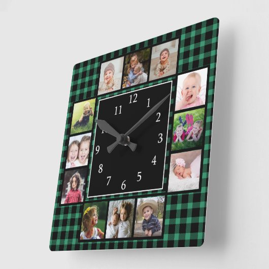 緑のバッファロープレイド独自の写真コラージュを作成 スクエア壁時計 (傾斜)