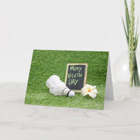 緑のバドミントンプレイヤーへのハッピーバースデー カード (正面)
