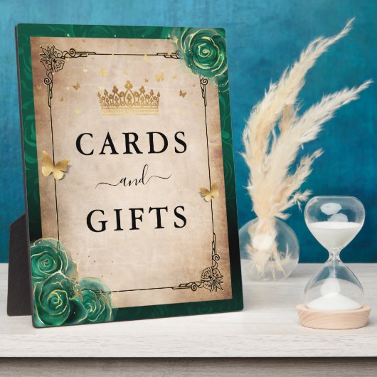 緑のバラと金ゴールドクラウンカードとギフトサイン フォトプラーク (側面)