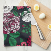 緑のバラをオンにした赤、白、および葉2色の キッチンタオル (四つ折り)