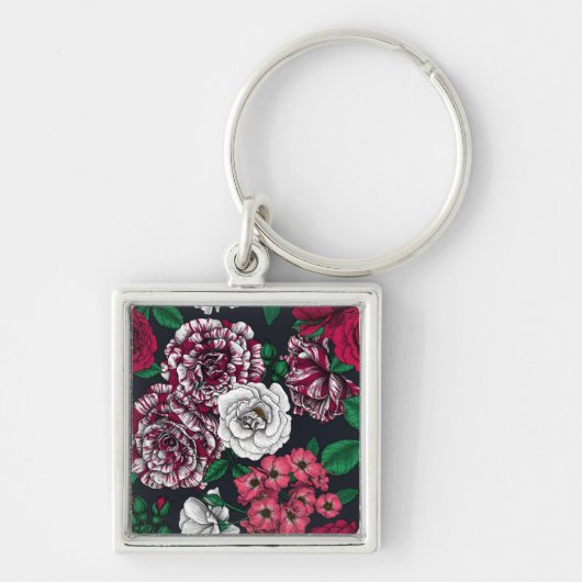 緑のバラをオンにした赤、白、および葉2色の キーホルダー (正面)