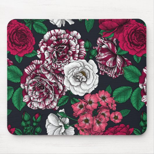 緑のバラをオンにした赤、白、および葉2色の マウスパッド (正面)