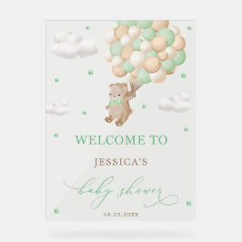 緑のバルーン付きテディベア赤ちゃんシャワーへようこそ アクリルサイン