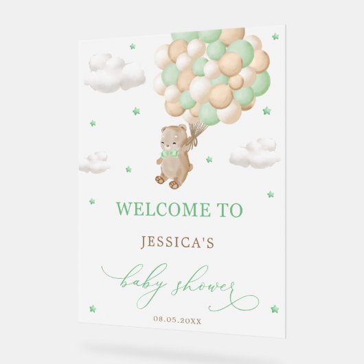 緑のバルーン付きテディベア赤ちゃんシャワーへようこそ アクリルサイン (傾斜)