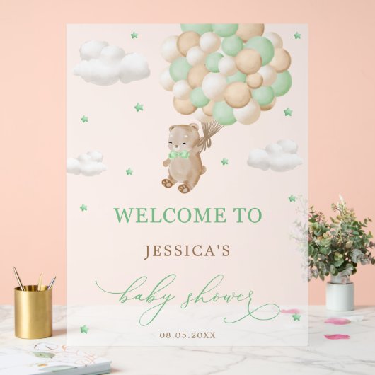 緑のバルーン付きテディベア赤ちゃんシャワーへようこそ アクリルサイン (ウェディング)
